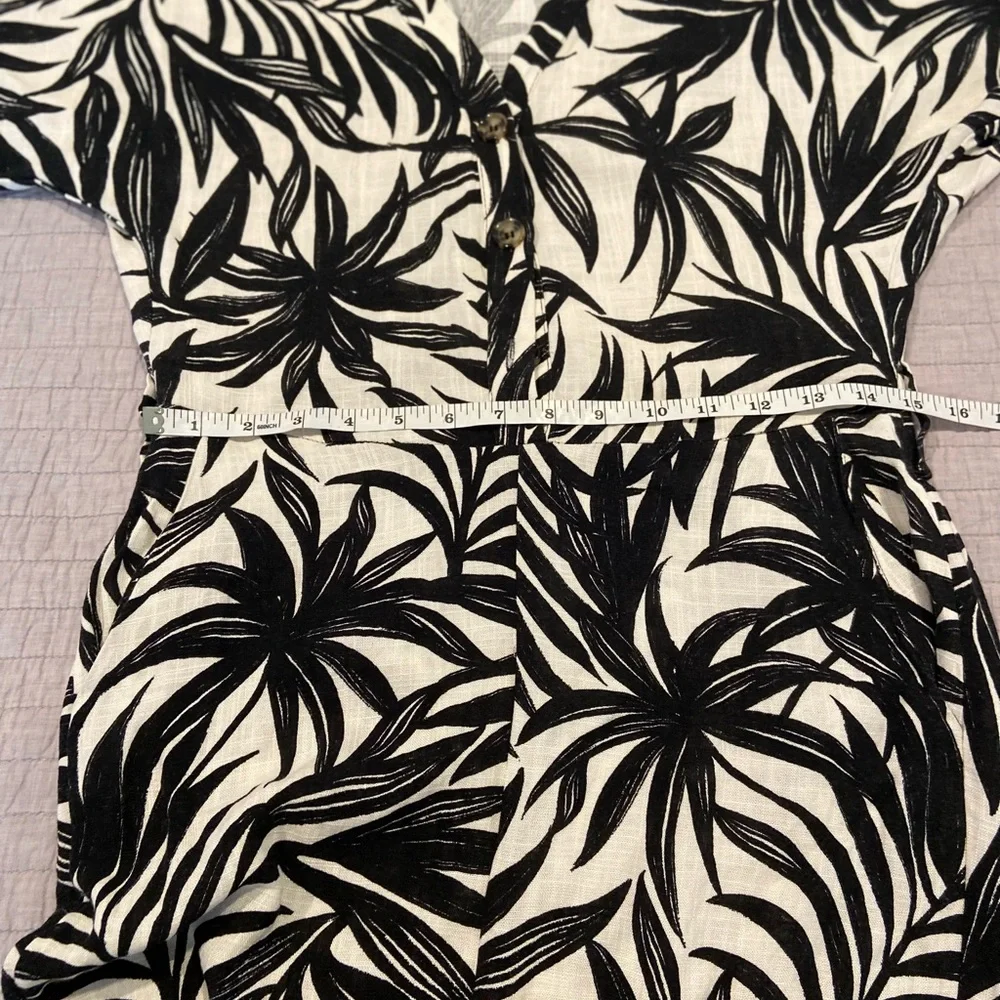 ZARA Black & Cream Palm Print Linen Jumpsuit | Size Small